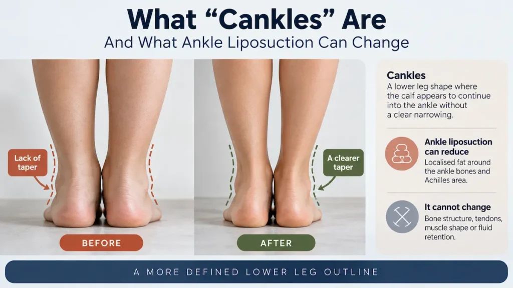 Infographic showing ankle liposuction and how localised fat can affect the calf to ankle taper.