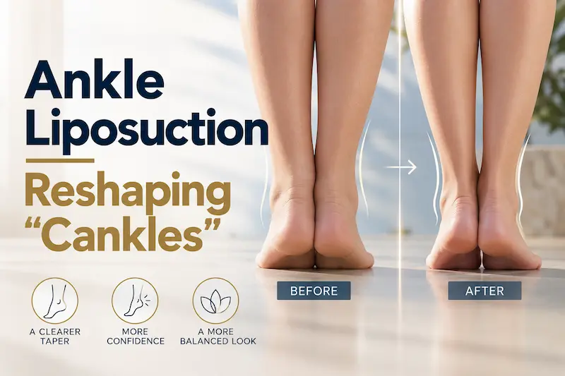 Illustrative ankle liposuction cover showing fuller and more refined lower legs with a clearer calf to ankle taper.