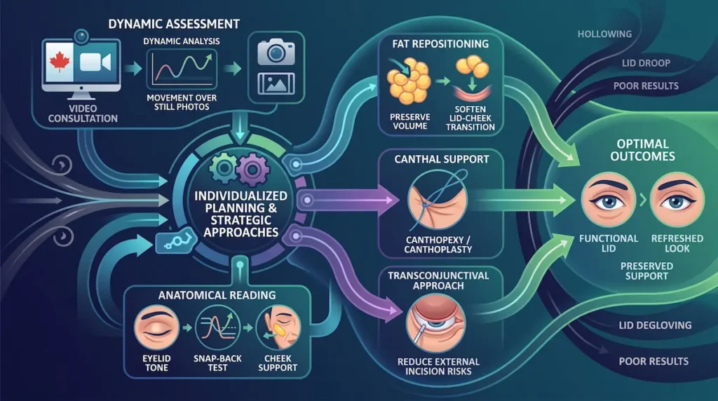 Infographic showing assessment, fat repositioning and canthal support planning to prevent botched lower eyelid surgery.