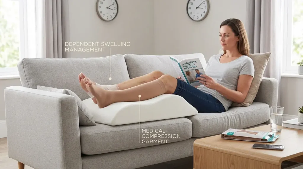 Woman recovering from ankle liposuction at home with legs elevated and compression stockings for swelling care.