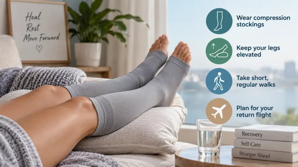 Ankle liposuction recovery image showing elevated legs, compression stockings, walking, and return flight care tips.