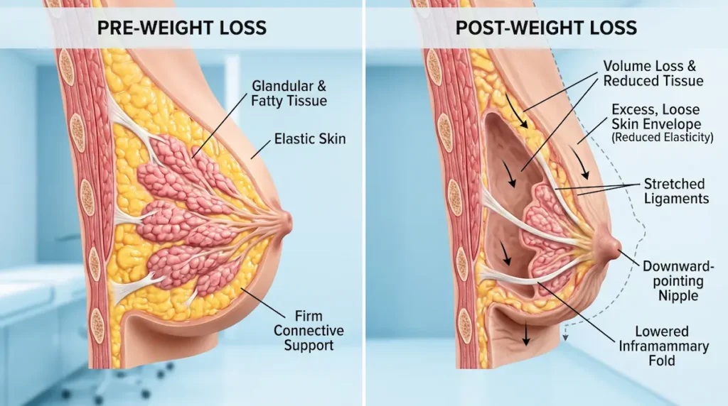 Anatomical illustration showing why breast lift after weight loss may be considered after volume loss, loose skin, and nipple descent.