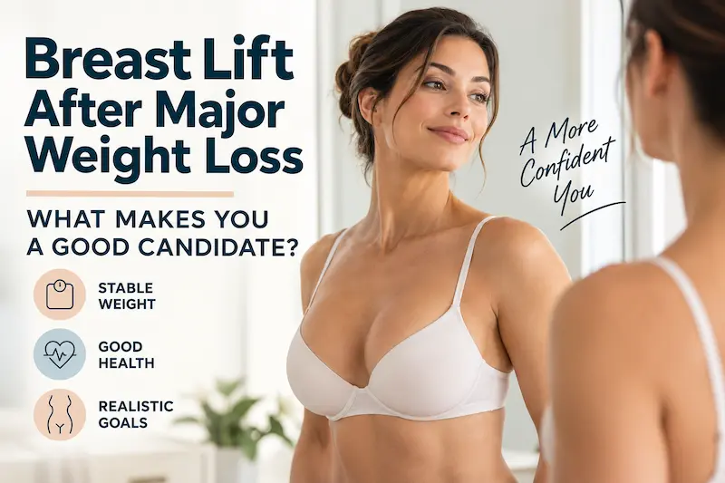 Woman viewing her reflection beside bold cover text for a breast lift after weight loss candidate guide.