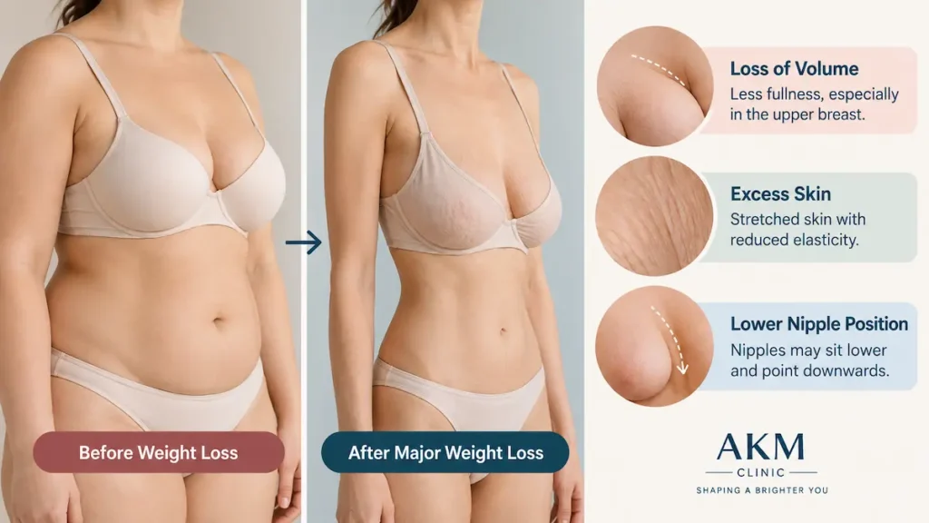 Infographic for breast lift after weight loss showing volume loss, excess skin and lower nipple position after major weight loss.