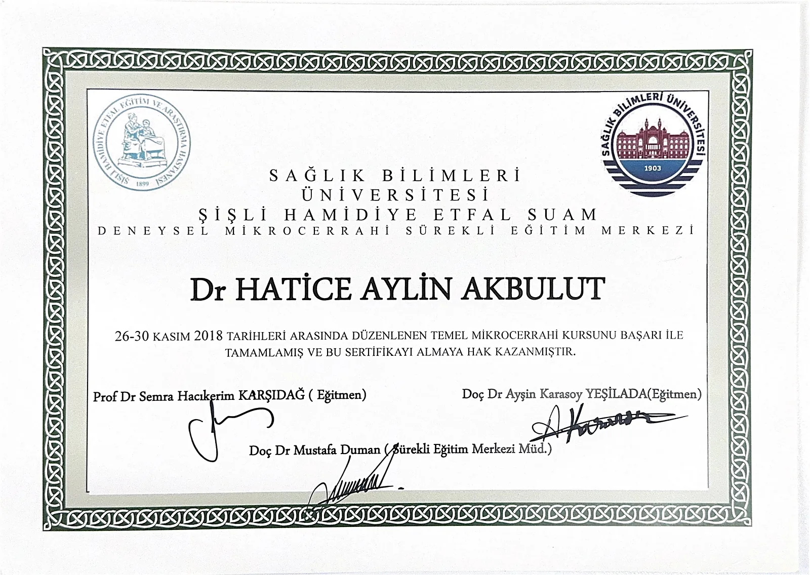 Basic microsurgery course completion certificate for Dr. Aylin Akbulut Yılmaz, İstanbul 2018