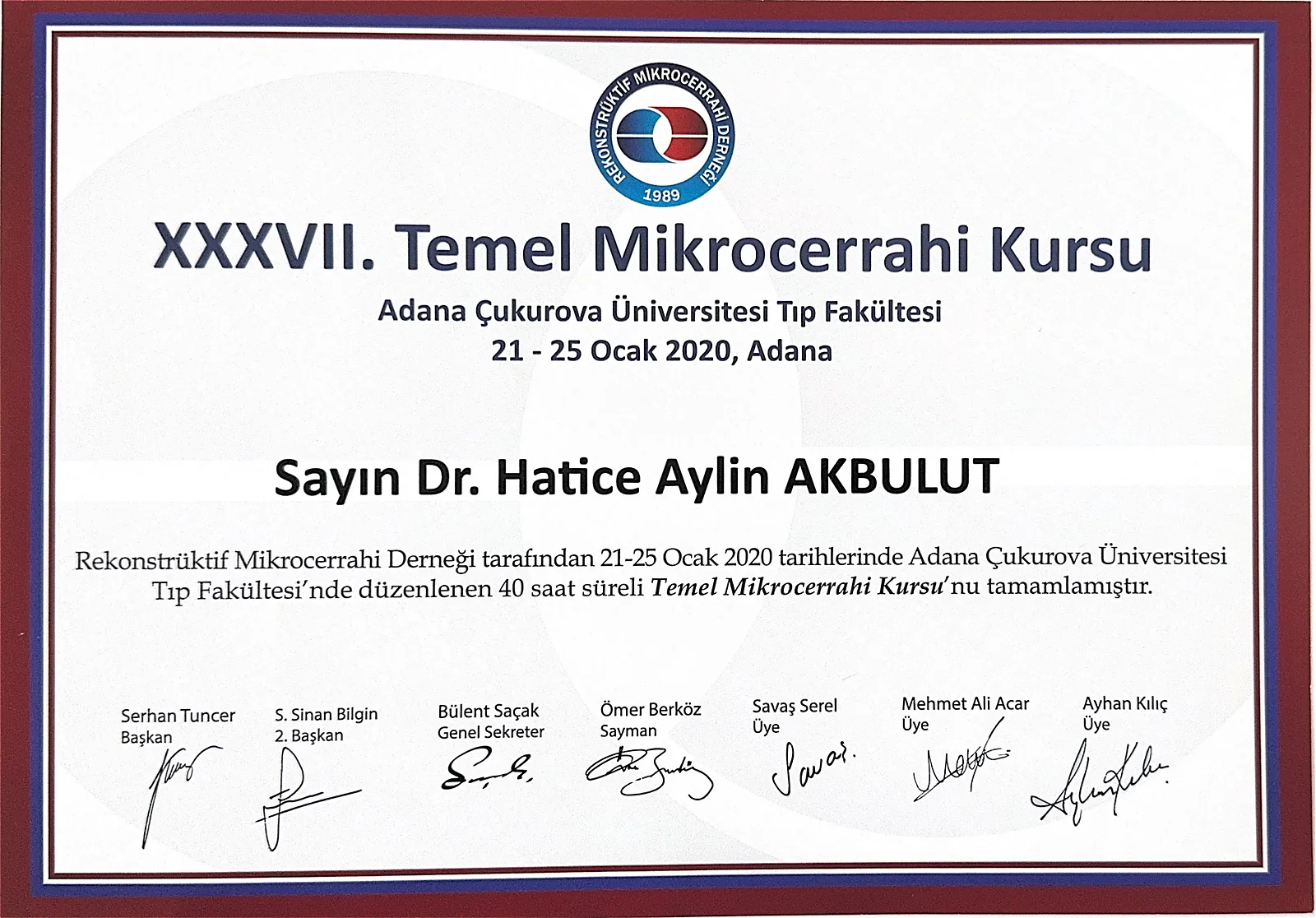 40-hour basic microsurgery course certificate for Dr. Aylin Akbulut Yılmaz, Adana 2020