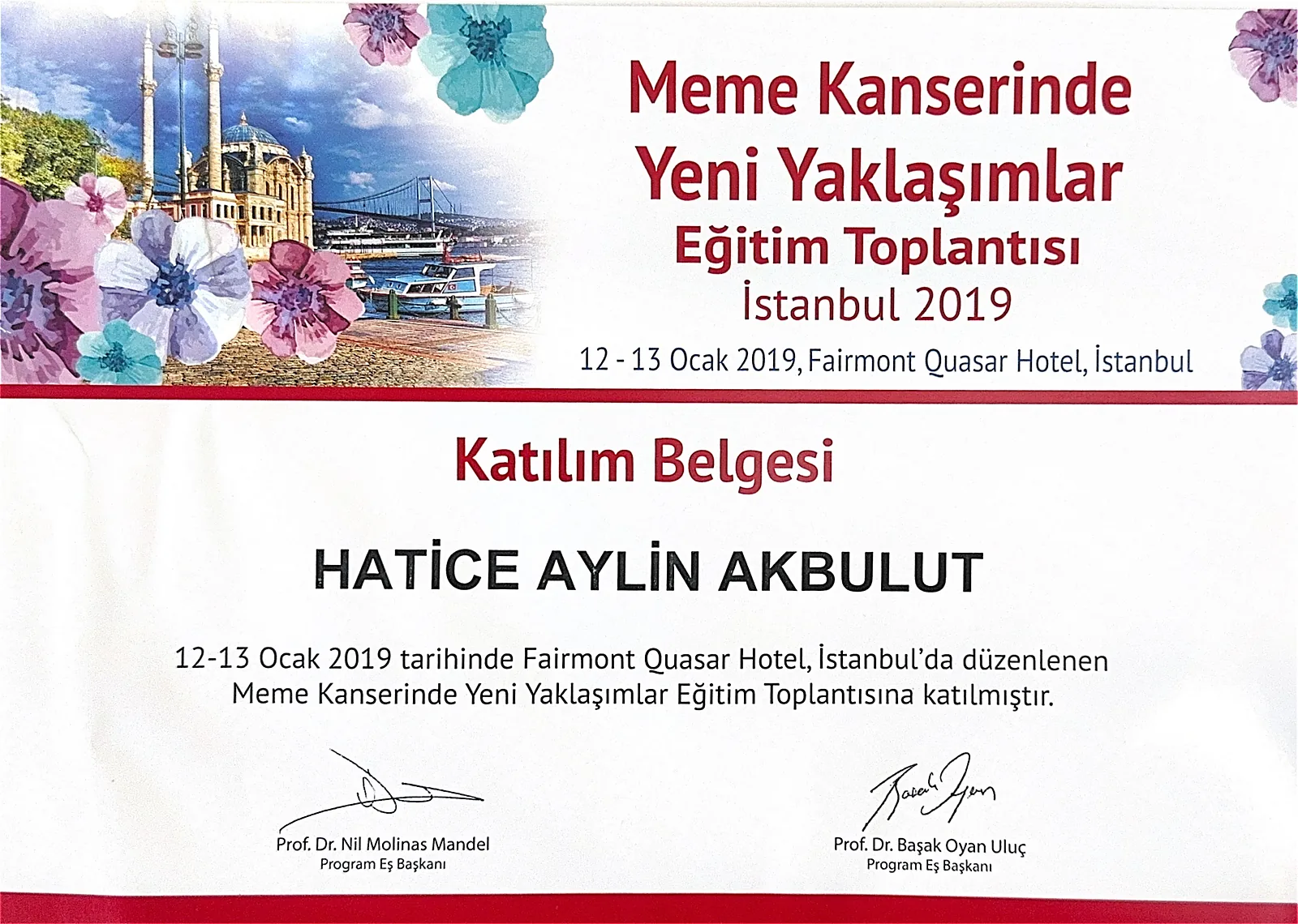 New Approaches in Breast Cancer training meeting certificate for Dr. Aylin Akbulut Yılmaz, 2019
