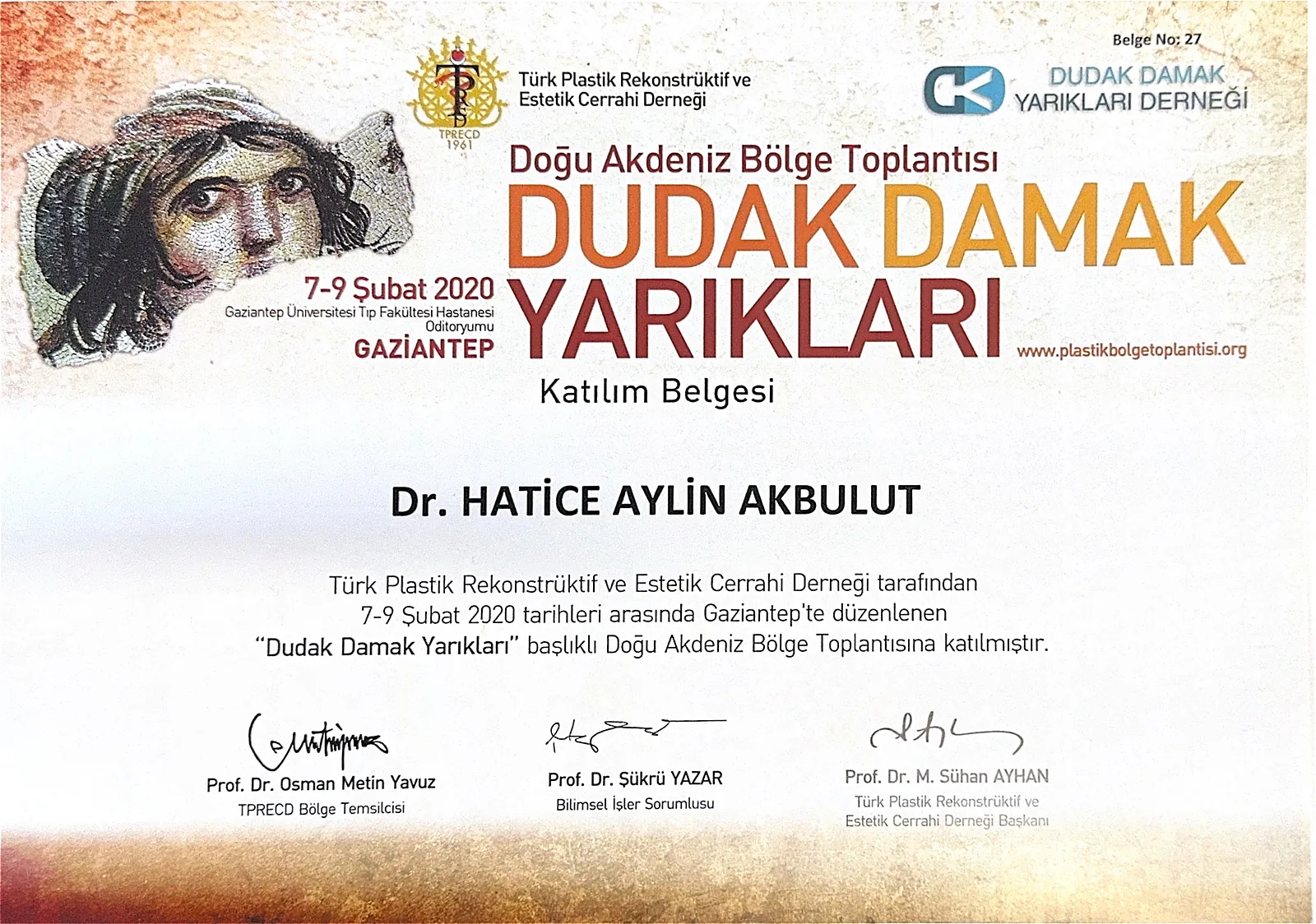 Cleft lip and palate regional meeting certificate for Dr. Aylin Akbulut Yılmaz, Gaziantep 2020