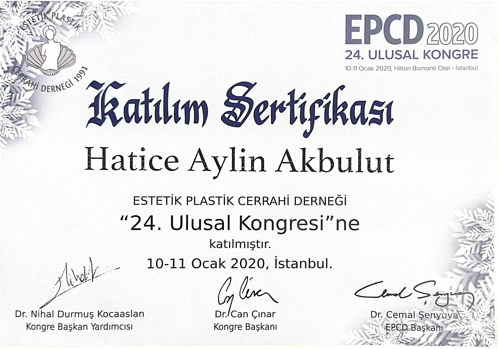 24th EPCD National Congress attendance certificate for Dr. Aylin Akbulut Yılmaz, İstanbul 2020