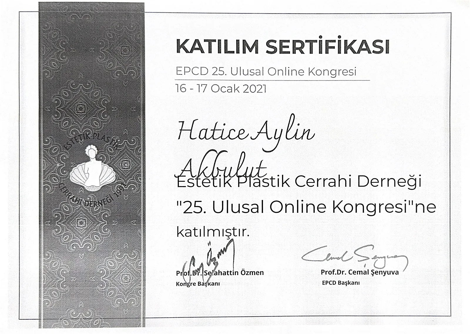 25th EPCD National Online Congress attendance certificate for Dr. Aylin Akbulut Yılmaz, 2021