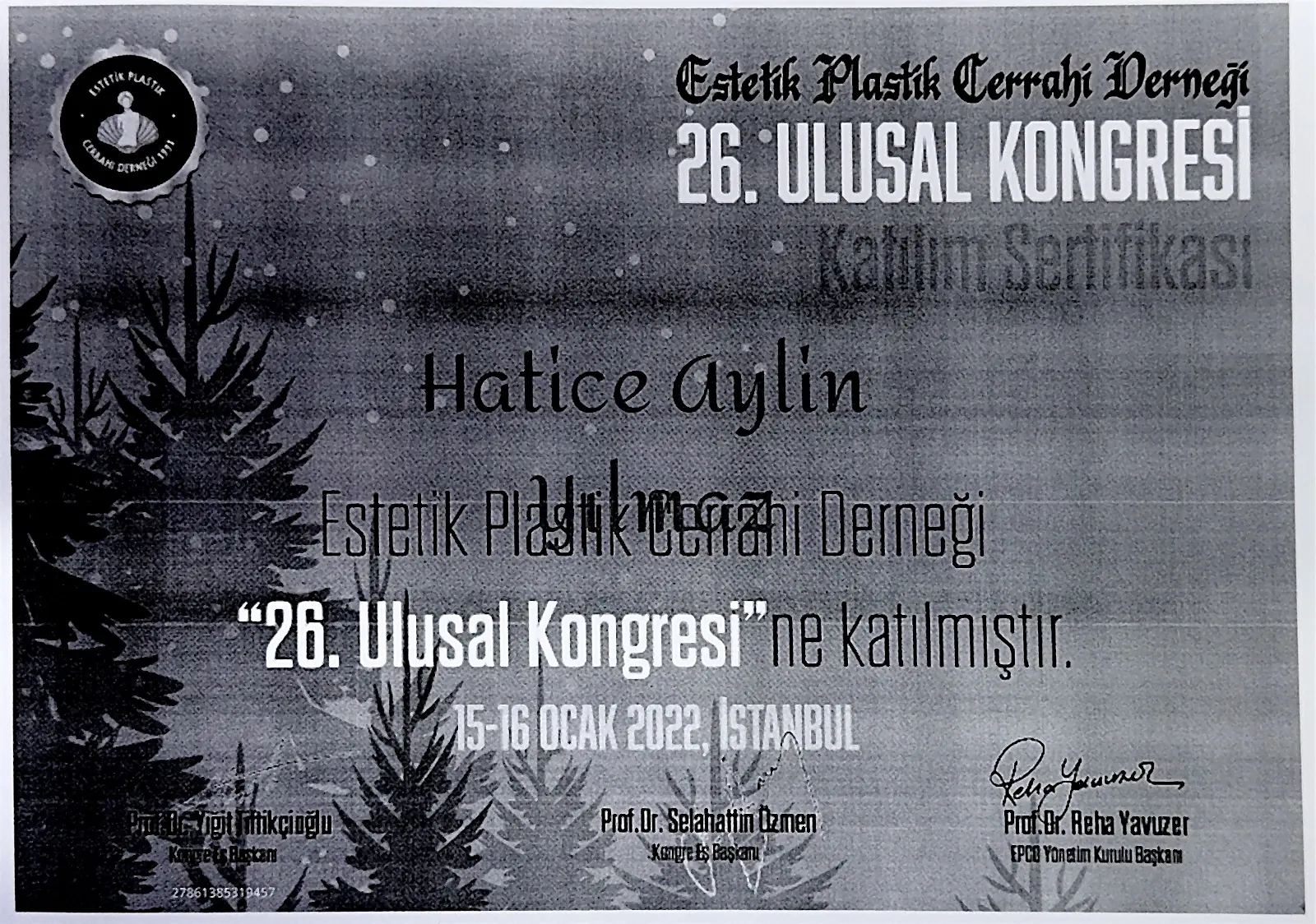 26th EPCD National Congress attendance certificate for Dr. Aylin Akbulut Yılmaz, İstanbul 2022