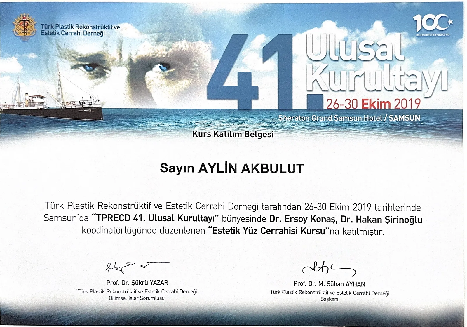 Aesthetic facial surgery course certificate awarded to Dr. Aylin Akbulut Yılmaz, Samsun 2019