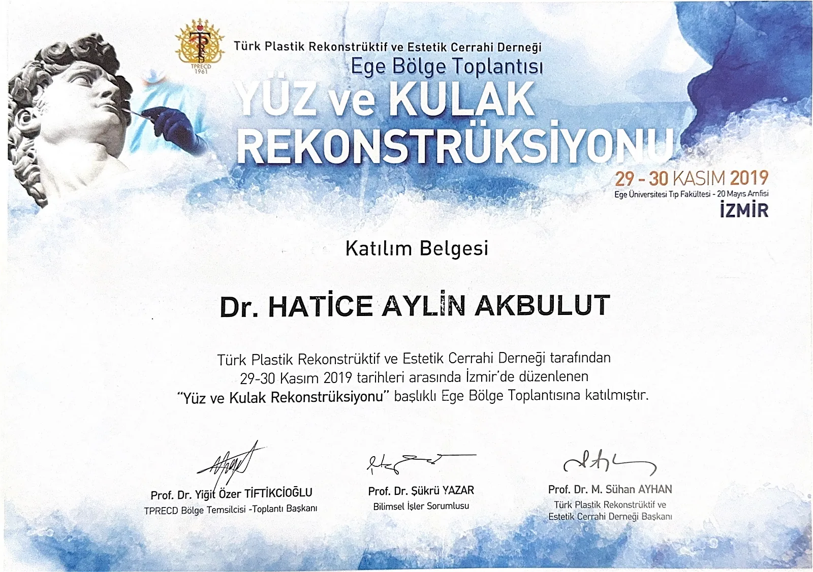 Facial and ear reconstruction meeting certificate for Dr. Aylin Akbulut Yılmaz, İzmir 2019