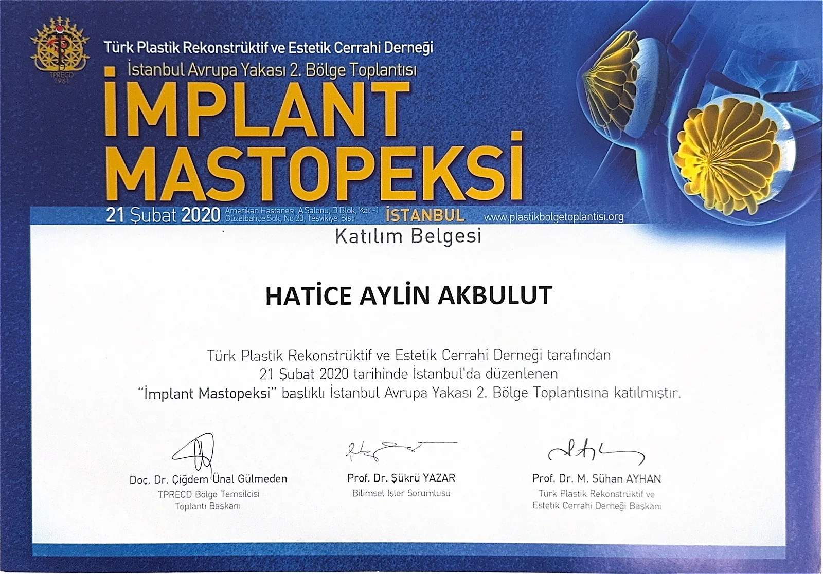 Implant mastopexy regional meeting certificate for Dr. Aylin Akbulut Yılmaz, İstanbul 2020