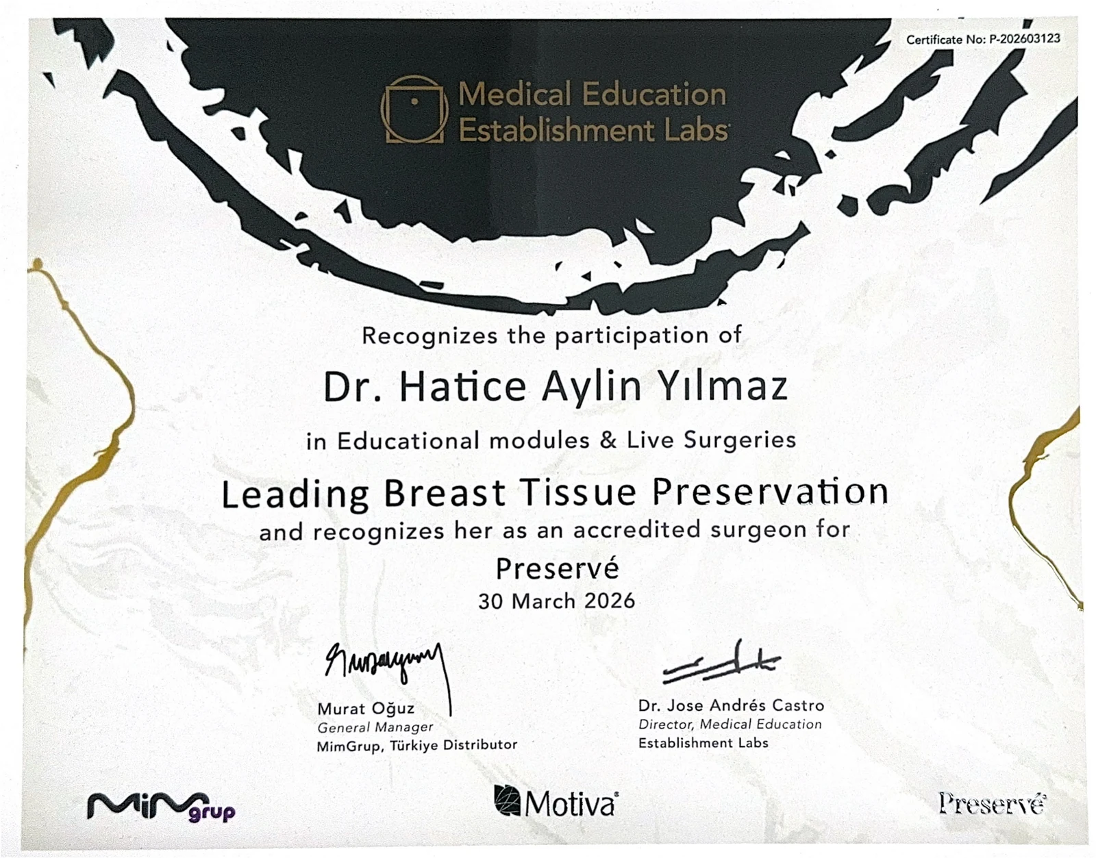 Preservé accreditation certificate recognising Dr. Aylin Akbulut Yılmaz as an accredited Preservé breast augmentation surgeon