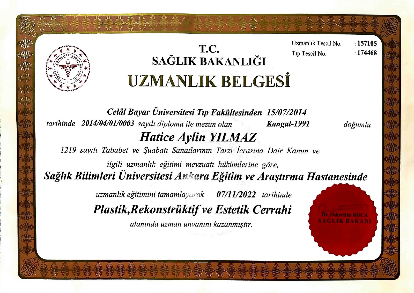 Turkish Ministry of Health board certificate in plastic, reconstructive and aesthetic surgery for Dr. Aylin Akbulut Yılmaz