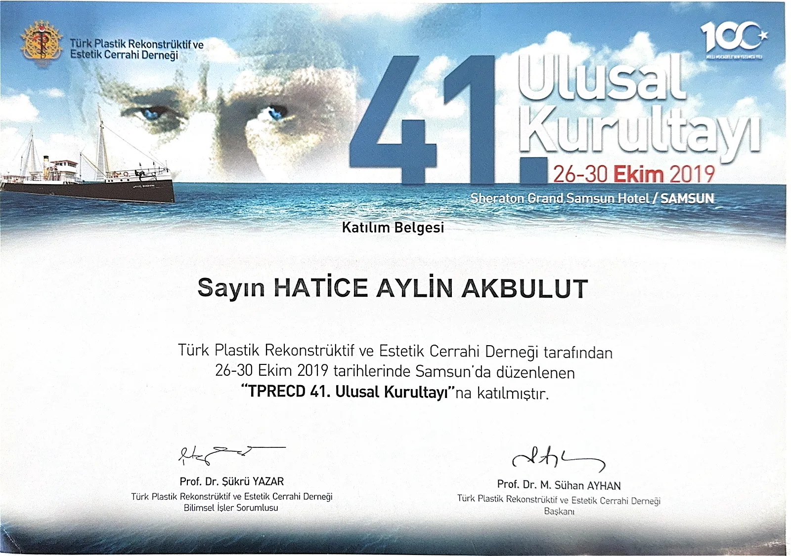 41st National Congress of Turkish Plastic Surgeons attendance certificate, Dr. Aylin Akbulut Yılmaz