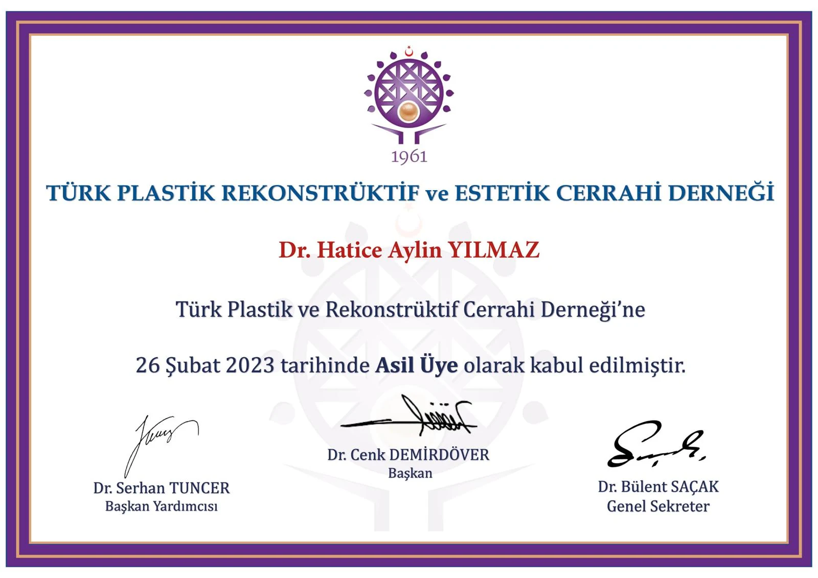 TPRECD full membership certificate awarded to Dr. Aylin Akbulut Yılmaz in February 2023