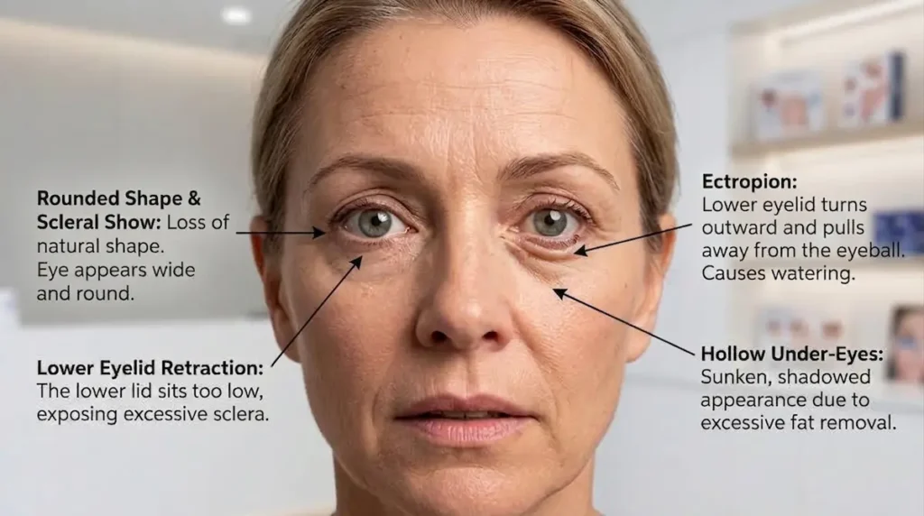 Annotated patient image showing botched lower eyelid surgery signs, including ectropion, scleral show and under eye hollowing.