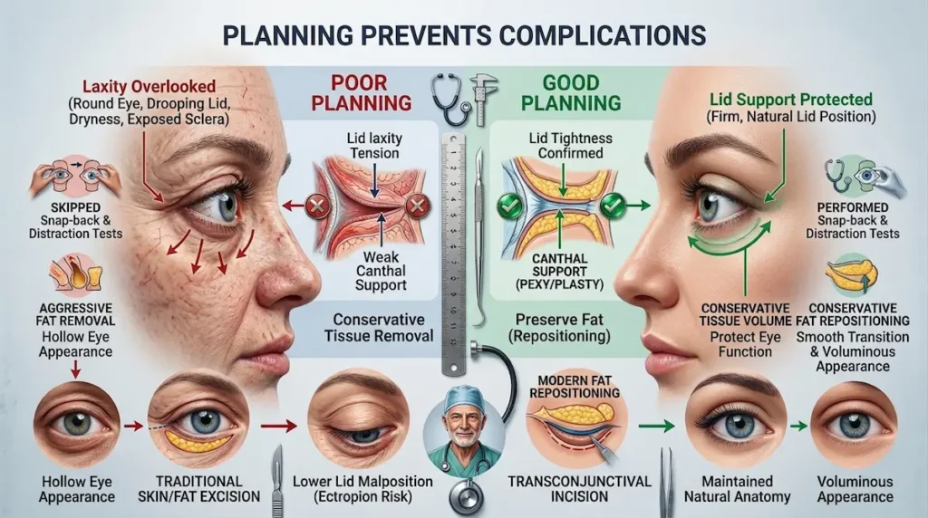 Botched lower eyelid surgery planning infographic comparing poor lid support with safer lower eyelid planning.