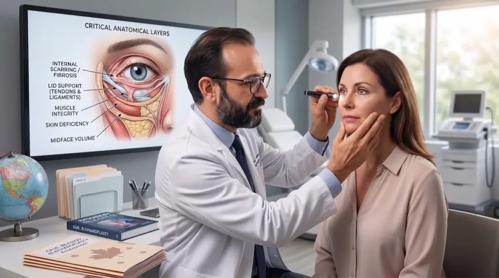 Surgeon assessing a patient’s eyelid anatomy for botched lower eyelid surgery revision planning.