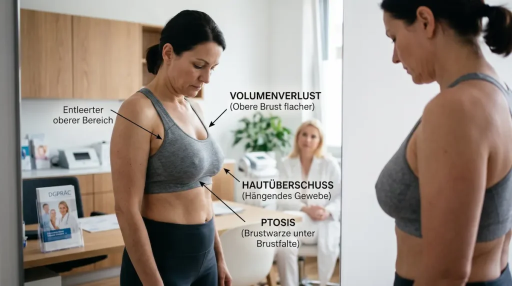 Bruststraffung nach Abnehmen: Frau zeigt Volumenverlust, Hautüberschuss und Ptosis nach großem Gewichtsverlust.