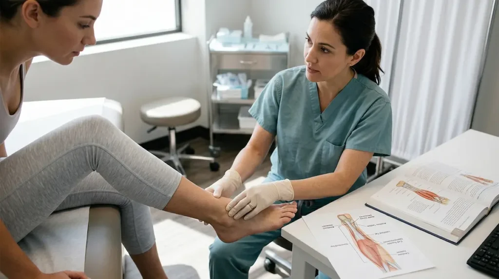 Clinician evaluates a patient’s lower leg during an ankle liposuction consultation for cankles and ankle shape.