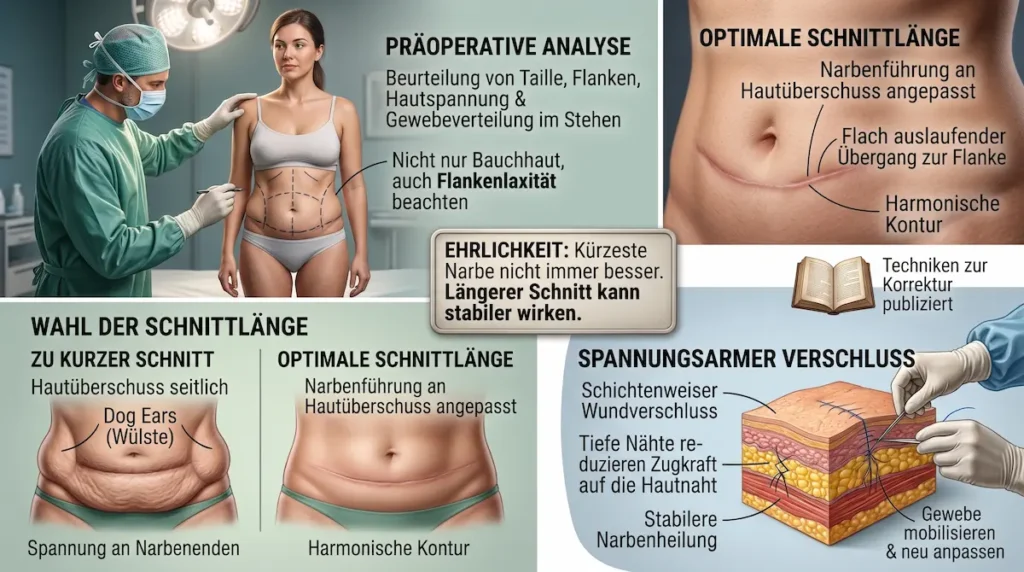 Dog Ears Bauchdeckenstraffung: Illustration zur präoperativen Analyse, Flankenlaxität und optimalen Schnittlänge.