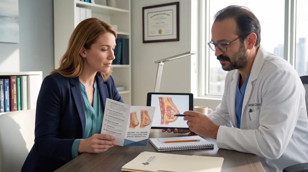 Surgeon reviewing anatomy and consultation notes with a patient about breastfeeding after breast reduction.