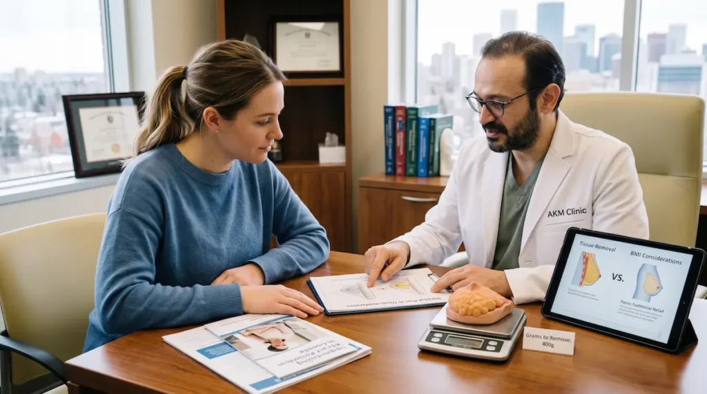 Doctor reviews breast reduction weight requirements and grams removed with a patient during a surgical consultation.