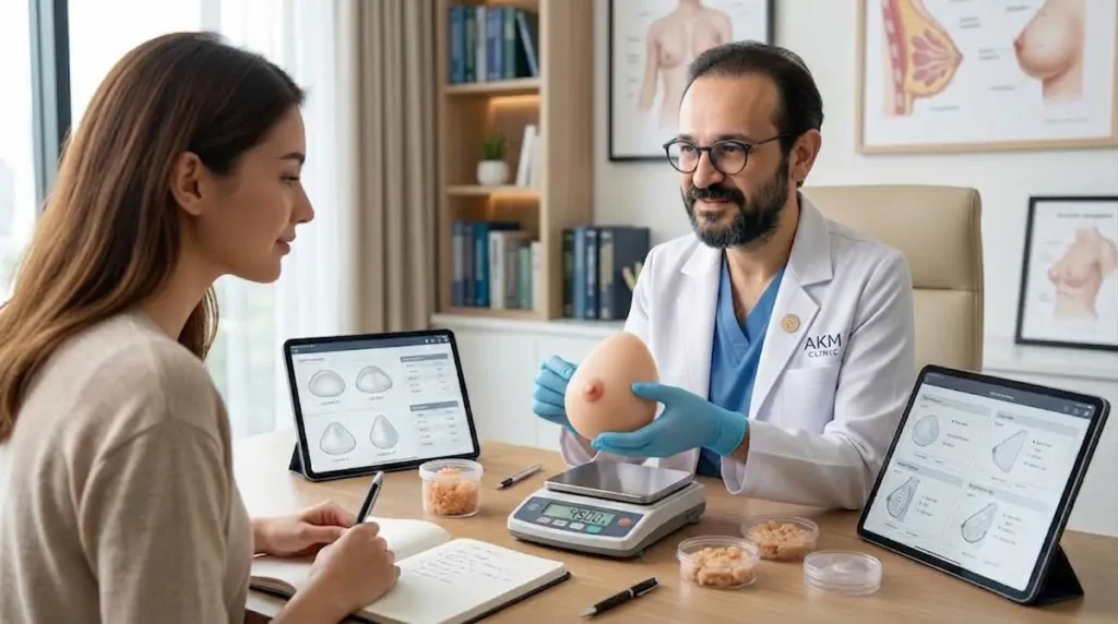 Doctor explains breast reduction weight requirements and grams removed during a patient consultation.