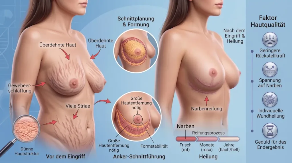 Bruststraffung nach Abnehmen: medizinische Illustration zu überdehnter Haut, Anker-Schnittführung und Narbenreifung.