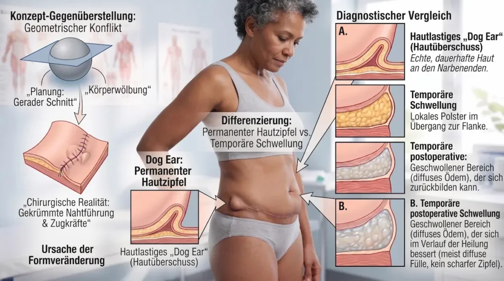 Dog Ears Bauchdeckenstraffung Grafik zur Unterscheidung von dauerhaftem Hautüberschuss an den Narbenenden und temporärer Schwellung.