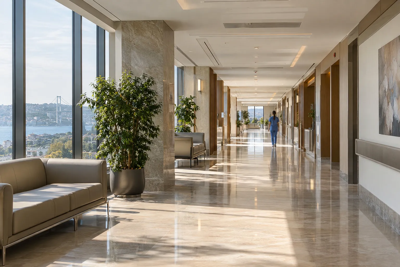 Bright corridor of a modern private hospital in Istanbul, illustrating where Preservé breast augmentation is performed