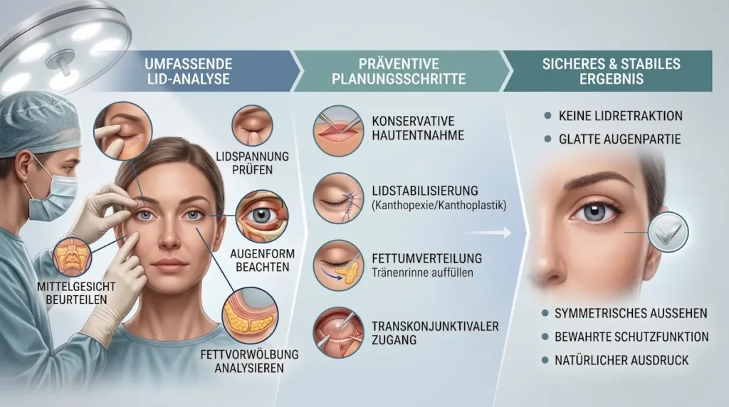 Infografik zur Vorbeugung von Unterlidstraffung-Komplikationen durch Lidanalyse, Kanthopexie, Fettumverteilung und Nachsorge.