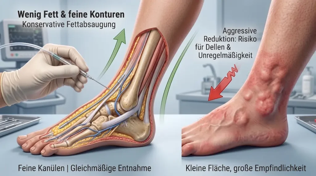 Medizinische Grafik zur Fettabsaugung am Knöchel mit feinen Kanülen, Knöchelanatomie und Hinweis auf konservative Entnahme.