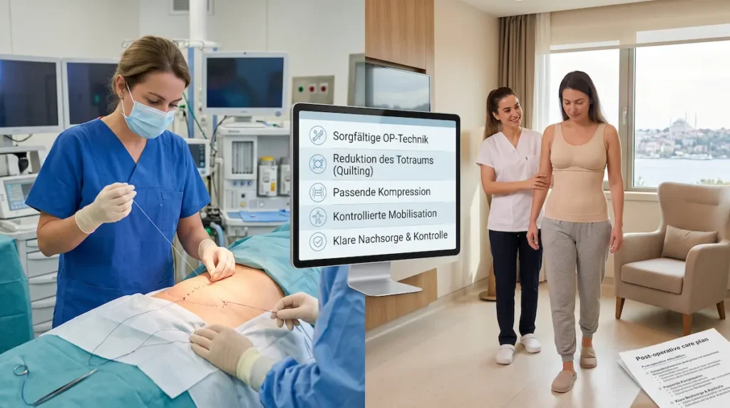 OP Technik, Kompressionsmieder und Nachsorge zur Vorbeugung von Serom nach Bauchdeckenstraffung.