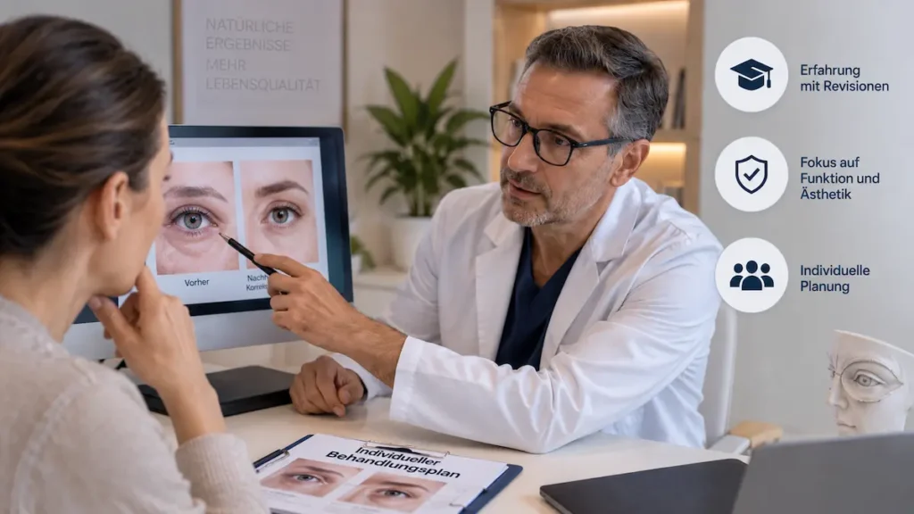 Arzt berät Patientin zur richtigen Operateurwahl bei Unterlidstraffung-Komplikationen und individueller Korrekturplanung.