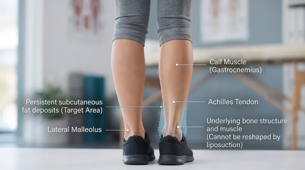 Ankle liposuction anatomy image showing localized ankle fat, Achilles tendon, lateral malleolus, and calf muscle.