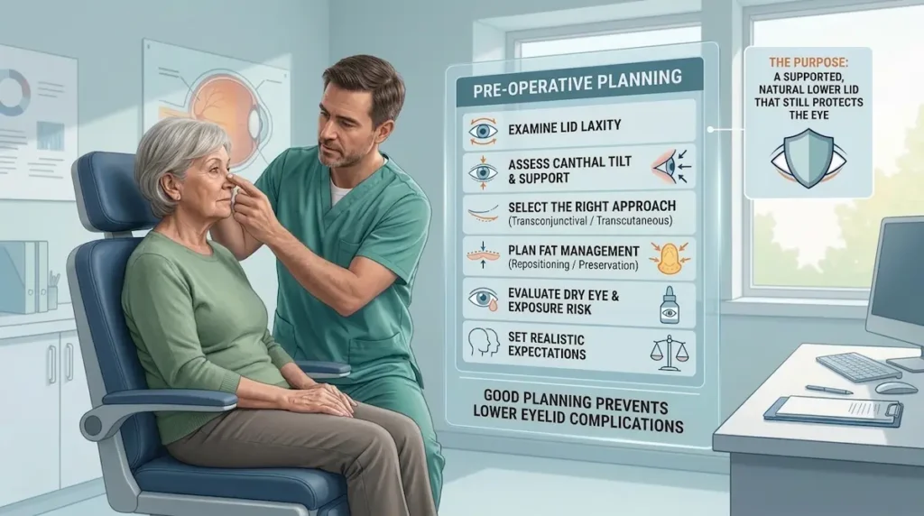 Surgeon assessing lower eyelid laxity before surgery to help prevent botched lower eyelid surgery.
