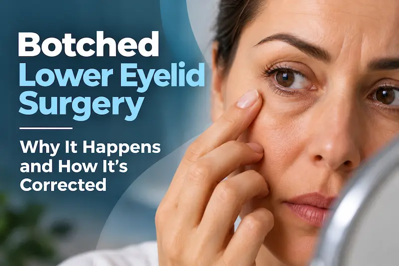 Woman checking her under-eye area beside a bold cover title about botched lower eyelid surgery and correction.