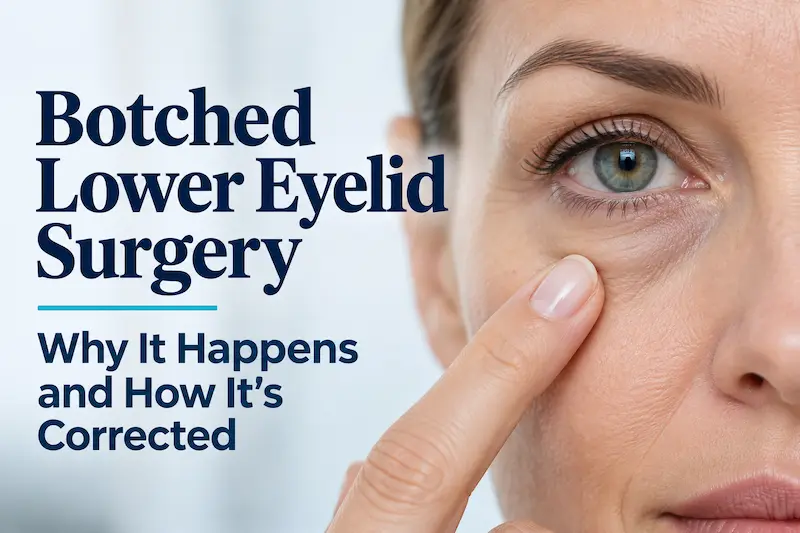Close-up of a woman’s lower eyelid illustrating botched lower eyelid surgery, retraction risk and revision planning.