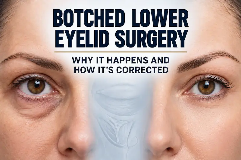 Botched lower eyelid surgery cover image showing lower eyelid retraction, hollowing, and correction.