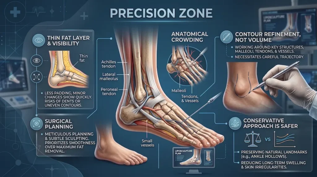 Ankle liposuction precision zone illustration showing thin ankle fat, tendons, vessels, surgical planning, and contour safety.