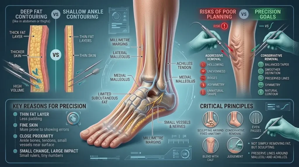 Medical infographic showing why ankle liposuction needs precision around thin fat, tendons and ankle bones.