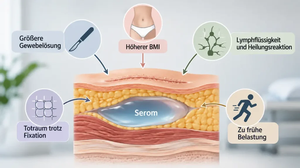 Infografik zu Serom nach Bauchdeckenstraffung mit Gewebelösung, höherem BMI, Lymphflüssigkeit, Totraum und früher Belastung.
