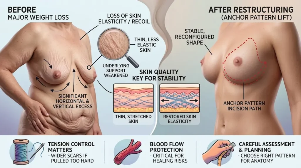 Medical illustration showing skin quality and anchor scar planning for a breast lift after weight loss.
