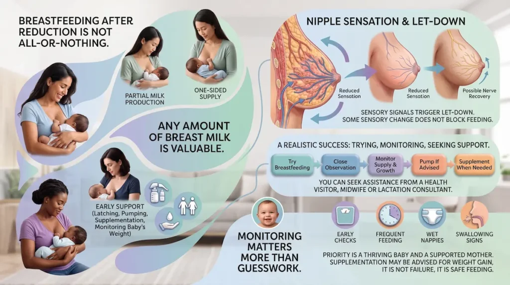 Infographic on breastfeeding after breast reduction showing partial milk supply, nipple sensation and baby weight monitoring.