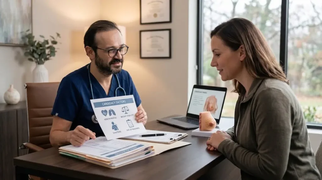 Doctor explains breast reduction weight requirements to a patient during a candidacy consultation.
