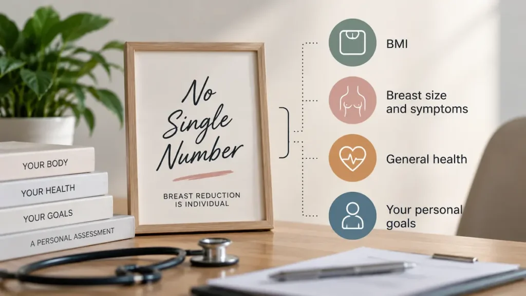 Breast reduction weight requirements visual showing that BMI, symptoms, general health and personal goals all affect suitability.